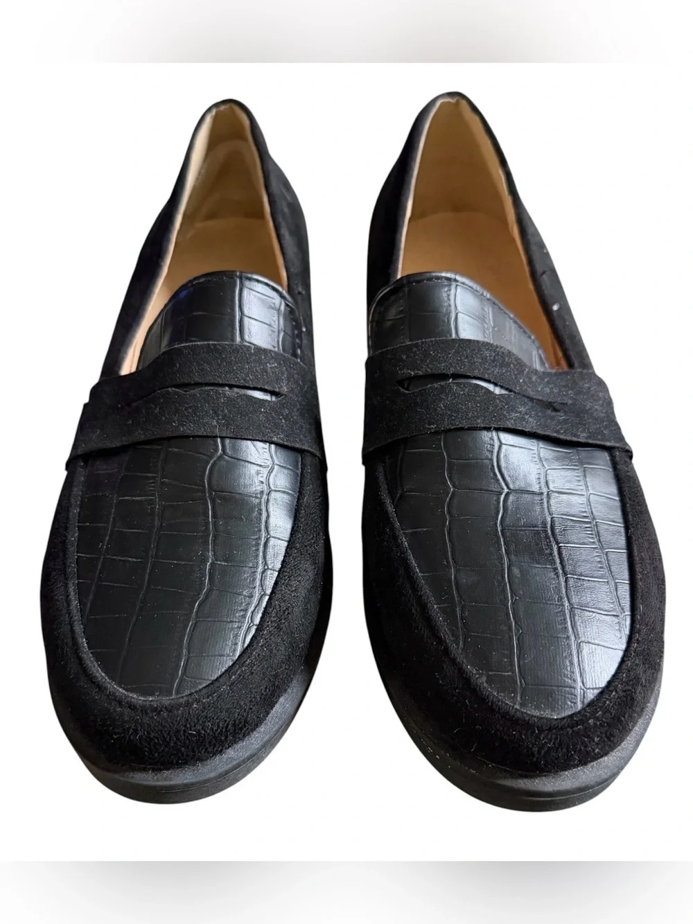 Black Faux Suede Croc Embossed Penny Loafers Slip-On Shoes Women’s Sz 9 (Estimat